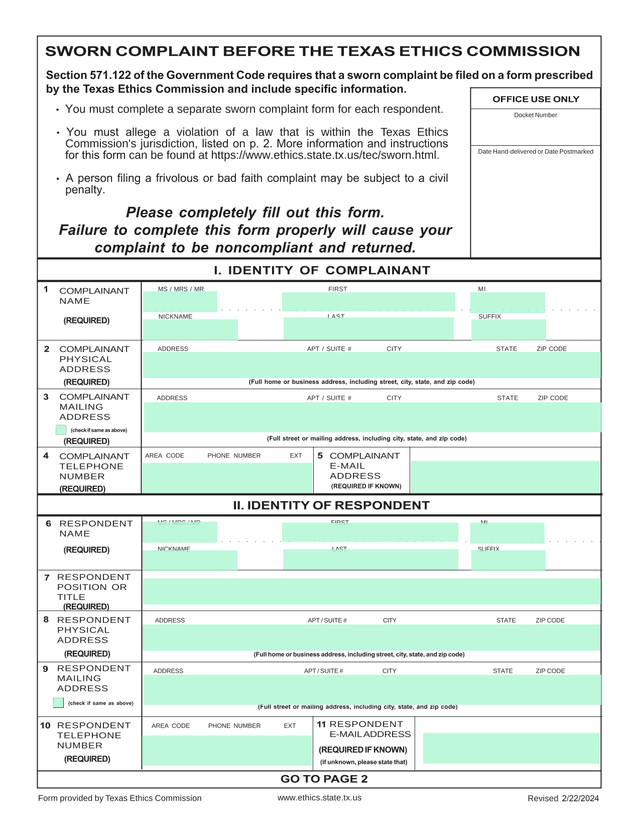 Sworn Complaint Before The Texas Ethics Commission screenshot