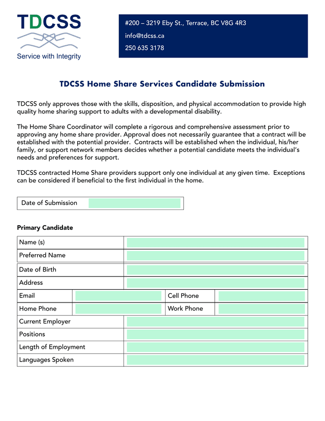 TDCSS Home Share Services Candidate Submission screenshot