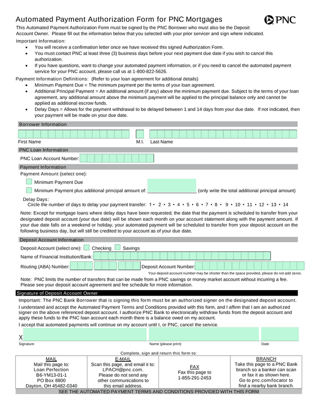 Automated Payment Authorization Form For PNC Mortgages screenshot