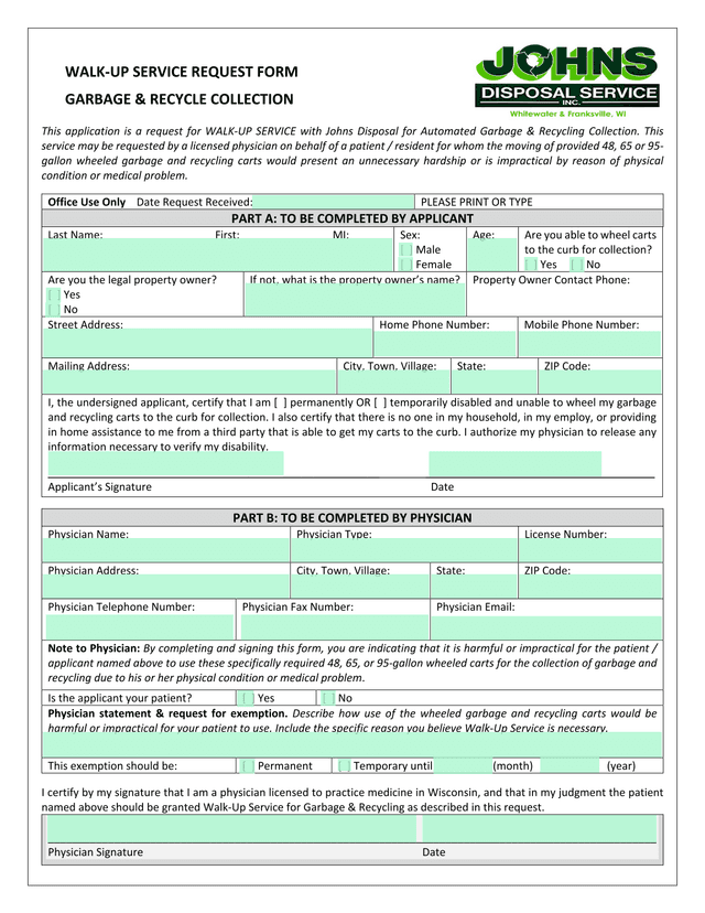 WALK UP SERVICE REQUEST FORM GARBAGE  RECYCLE COLLECTION screenshot
