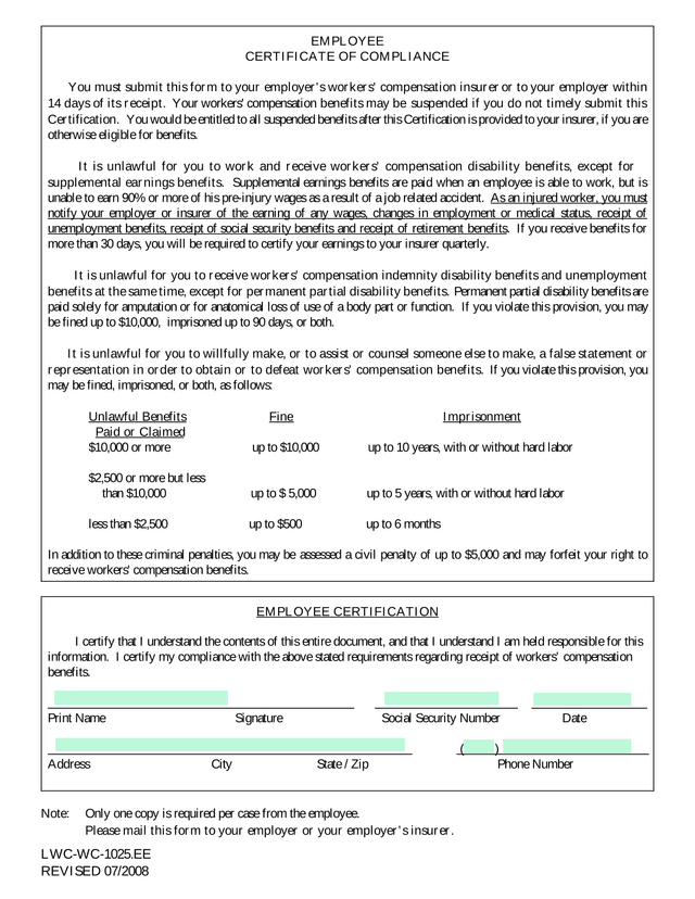 LWC WC 1025.EE Employee Certificate Of Compliance screenshot