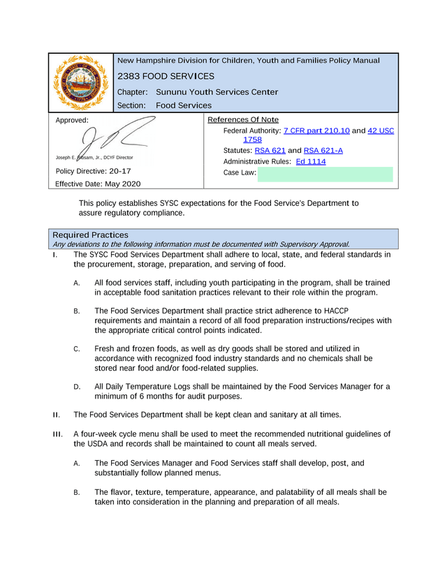 New Hampshire Division For Children, Youth And Families Policy Manual   Food Services screenshot