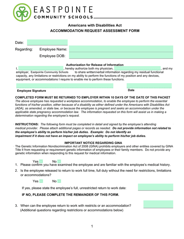 Americans With Disabilities Act Accommodation Request Assessment Form screenshot