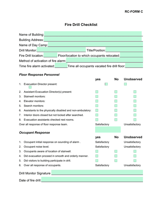 RC FORM C Fire Drill Checklist screenshot