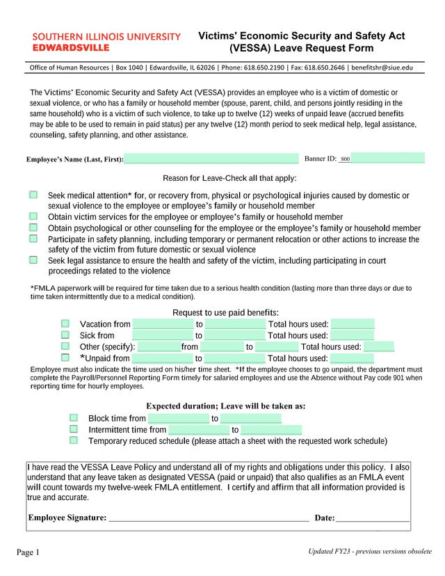 Victims Economic Security And Safety Act (VESSA) Leave Request Form screenshot