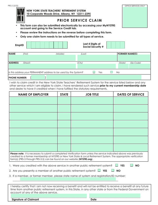 Prior Service Claim screenshot