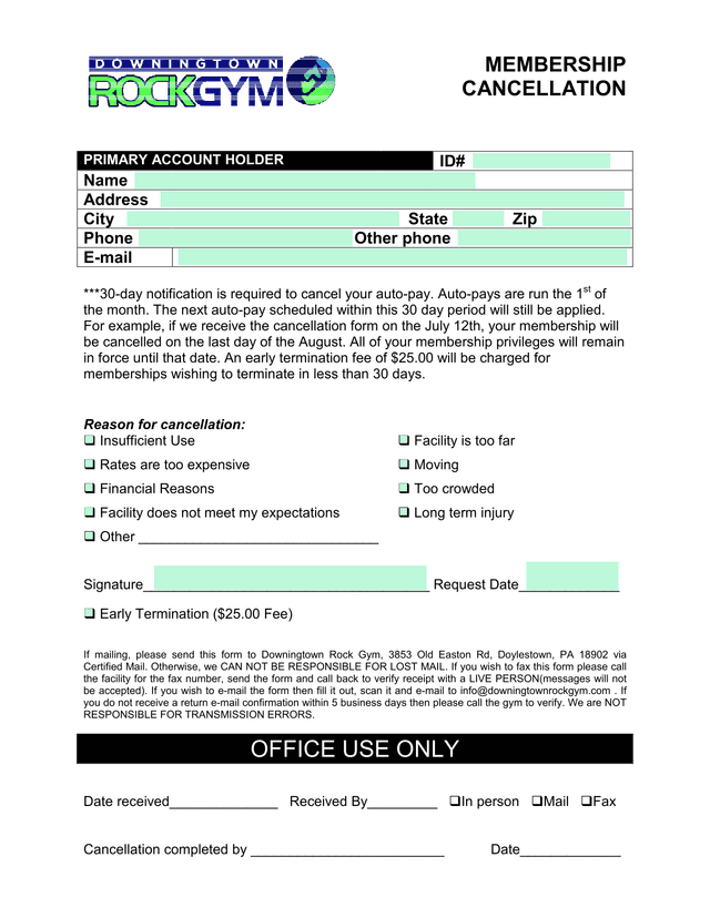 Membership Cancellation Form screenshot