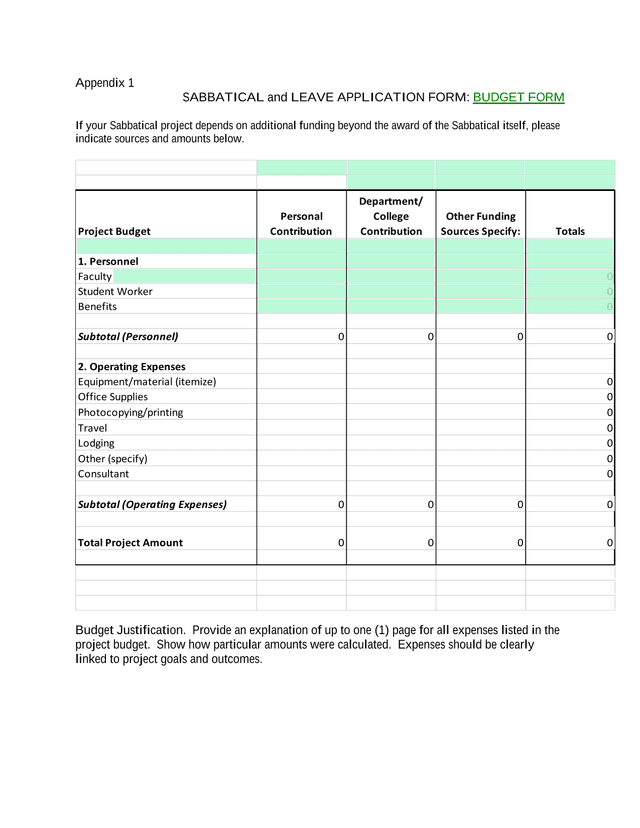 Sabbatical And Leave Application Form Budget Form screenshot