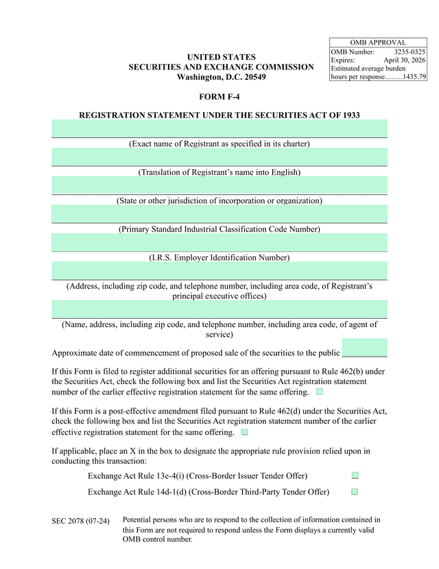 Form F 4 Registration Statement screenshot