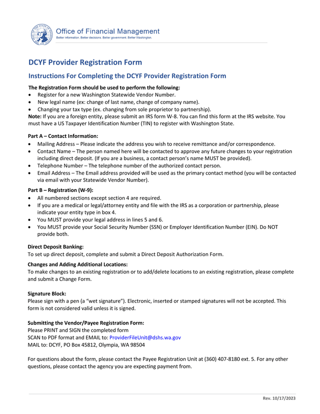 DCYF Provider Registration Form screenshot