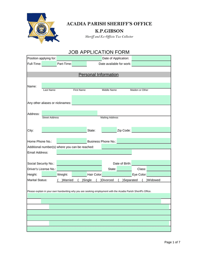 Acadia Parish SheriffS Office Job Application Form screenshot