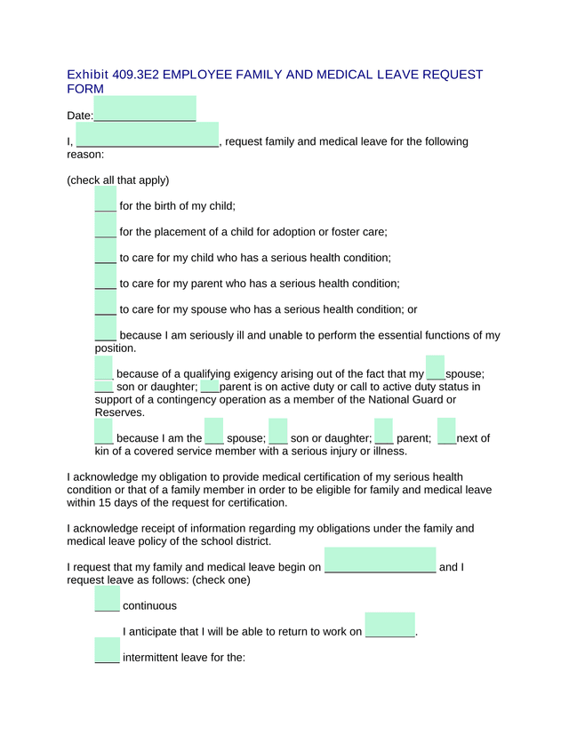 Exhibit 409.3E2 EMPLOYEE FAMILY AND MEDICAL LEAVE REQUEST FORM screenshot