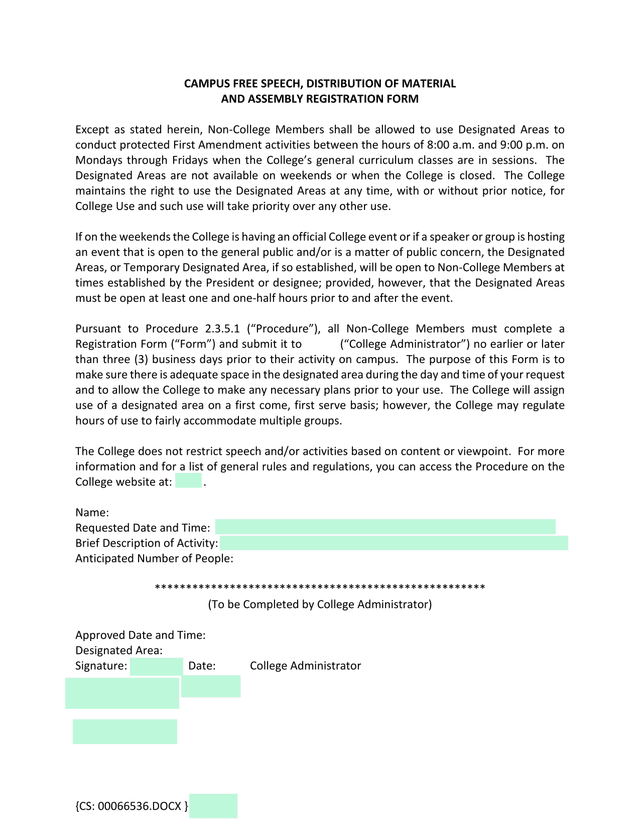 Campus Free Speech, Distribution Of Material And Assembly Registration Form screenshot