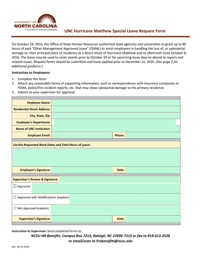 UNC Hurricane Matthew Special Leave Request Form screenshot