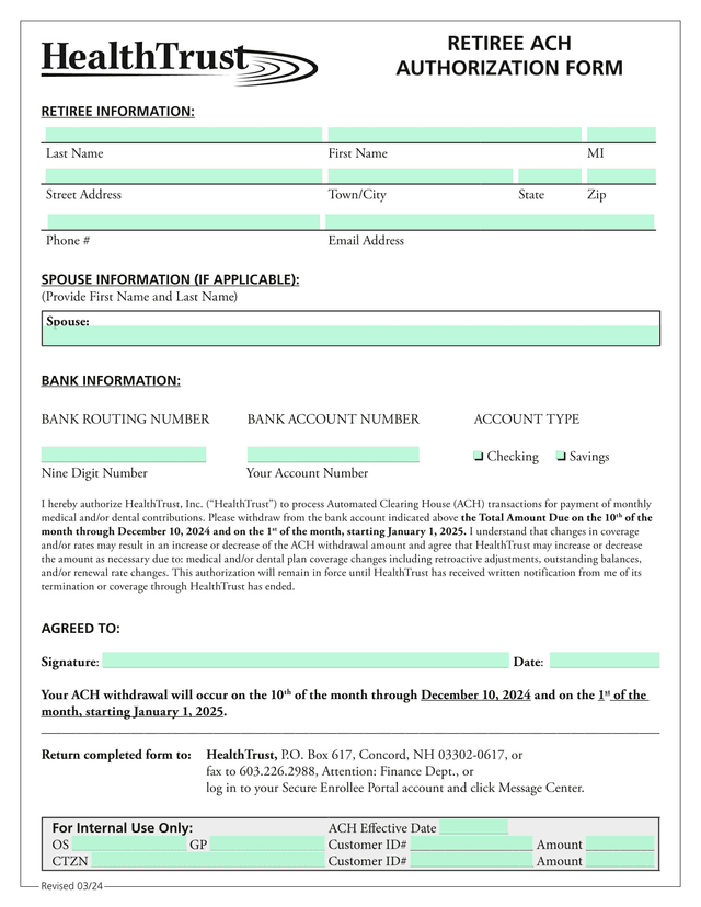 RETIREE ACH AUTHORIZATION FORM screenshot