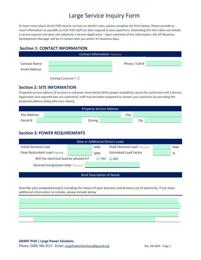 Large Service Inquiry Form screenshot