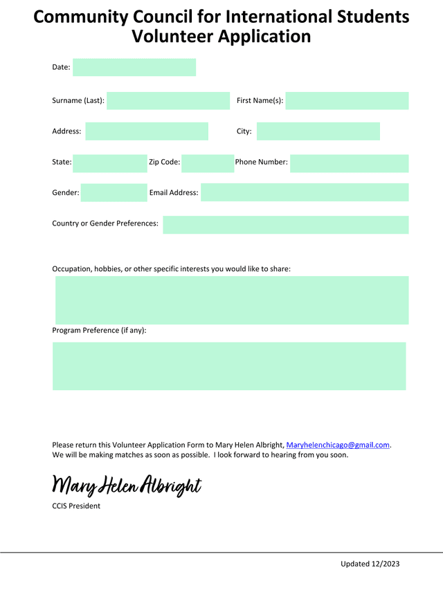 Community Council For International Students Volunteer Application screenshot
