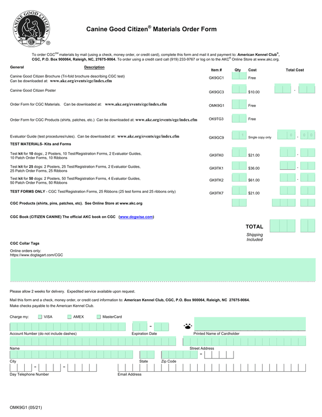 Canine Good Citizen Materials Order Form screenshot