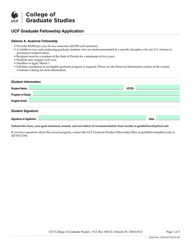 UCF Graduate Fellowship Application   Delores A. Auzenne Fellowship screenshot