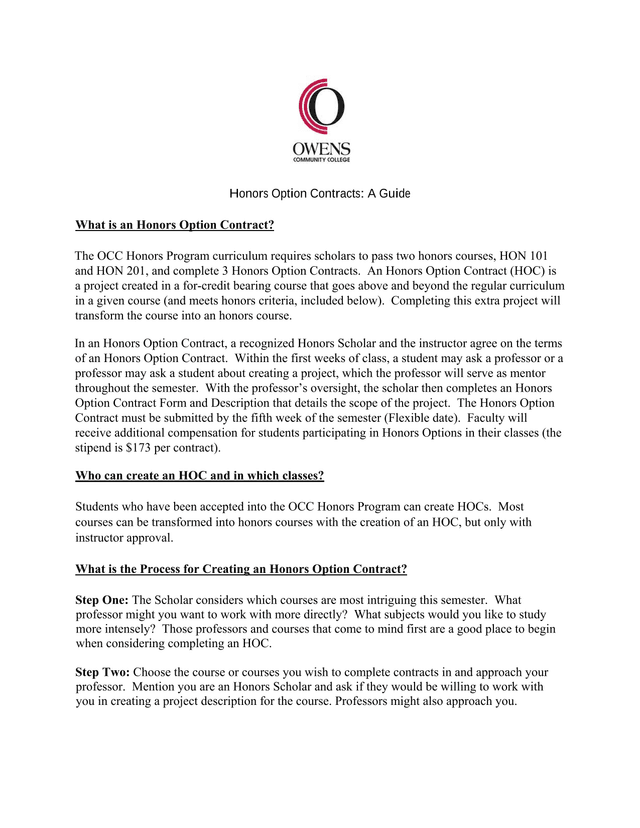 Honors Option Contracts A Guide screenshot