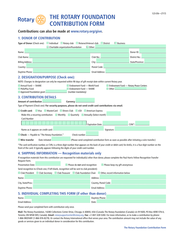 The Rotary Foundation Contribution Form screenshot