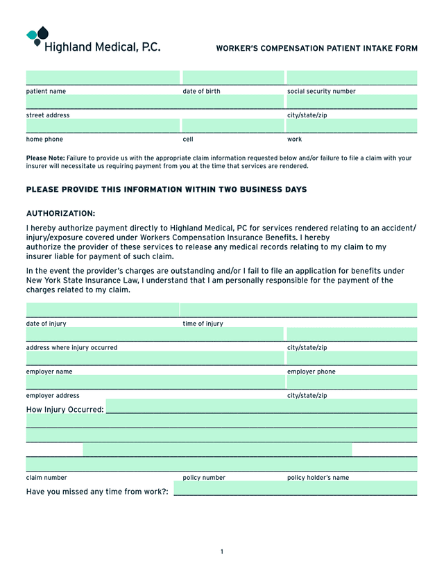WORKERS COMPENSATION PATIENT INTAKE FORM screenshot