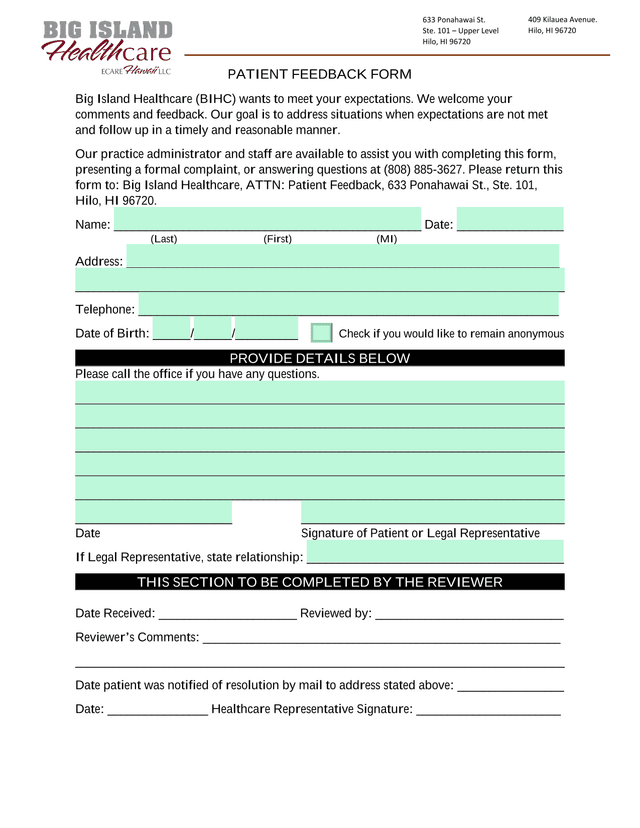 PATIENT FEEDBACK FORM screenshot