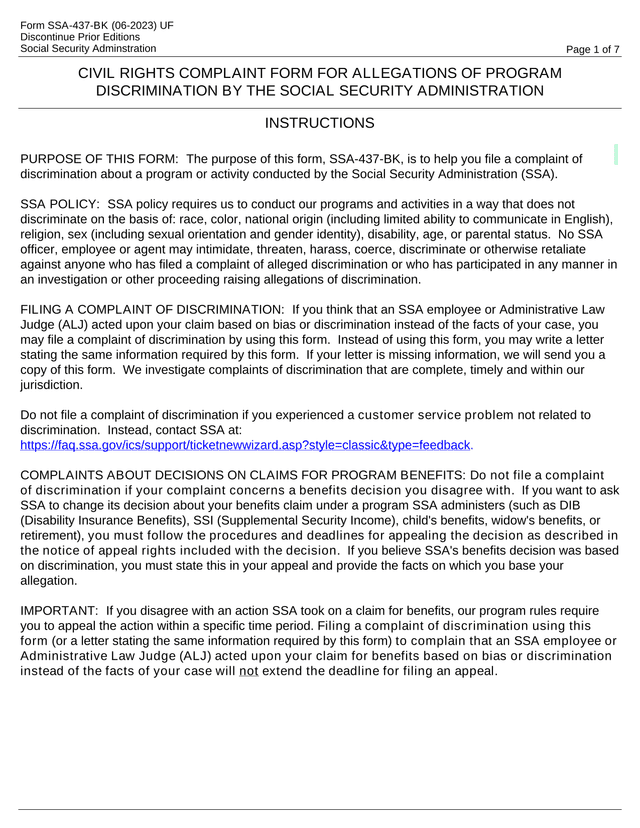 SSA 437 BK Civil Rights Complaint Form screenshot