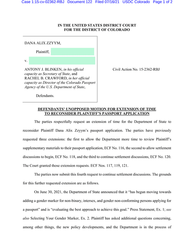 Defendants Unopposed Motion For Extension Of Time To Reconsider PlaintiffS Passport Application screenshot