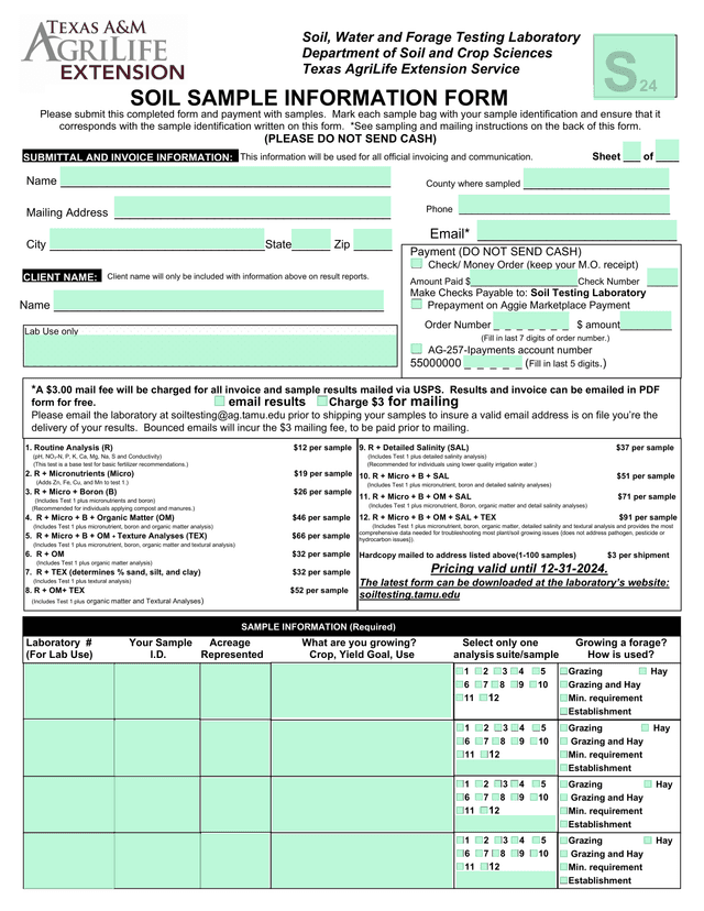 Soil Sample Information Form screenshot