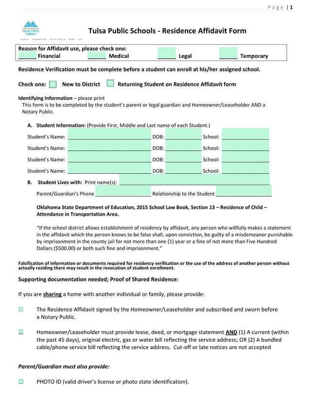 Tulsa Public Schools   Residence Affidavit Form screenshot