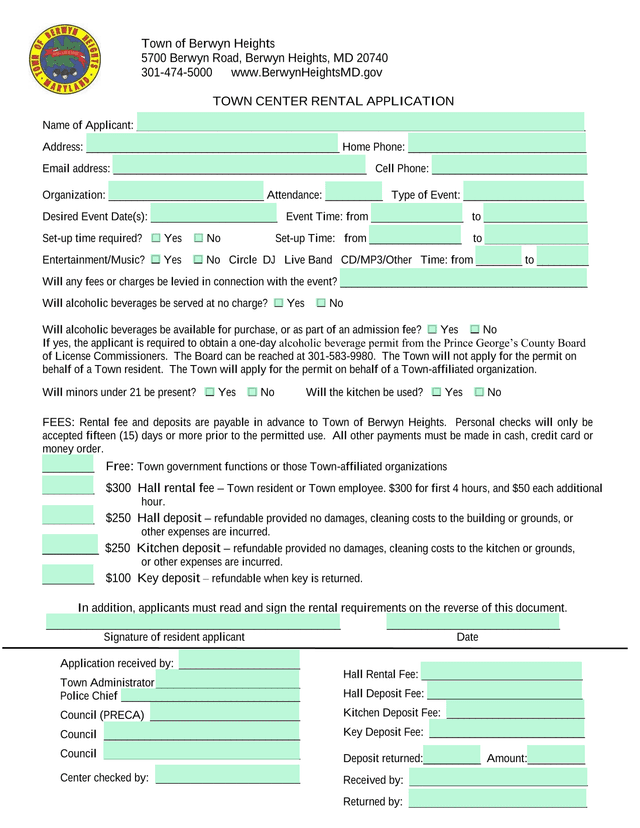 Town Center Rental Application screenshot