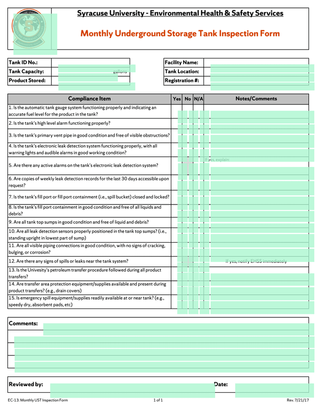 EC 13 Monthly UST Inspection Form screenshot