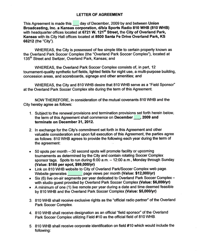 Addendum To Sports Radio 810 WHB Letter Of Agreement screenshot