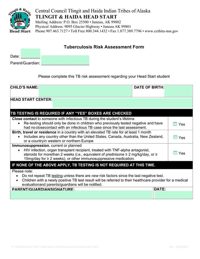 Tuberculosis Risk Assessment Form screenshot