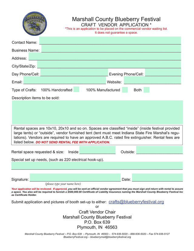 Marshall County Blueberry Festival Craft Vendor Application screenshot