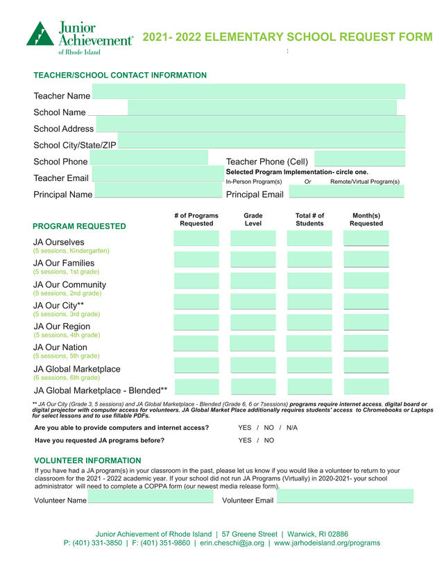 2021 2022 Elementary School Request Form screenshot