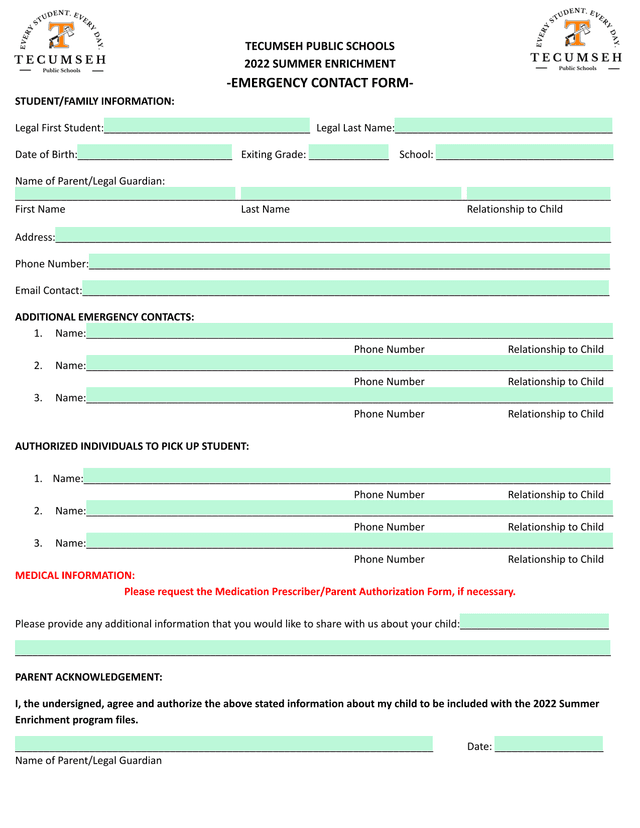 2022 Summer Enrichment   Emergency Contact Form screenshot