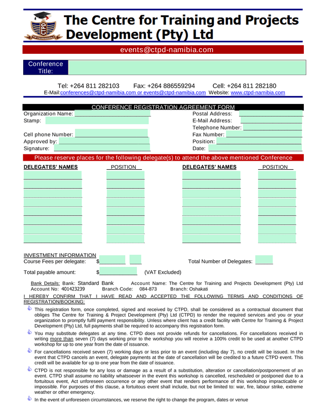 Conference Registration Agreement Form screenshot