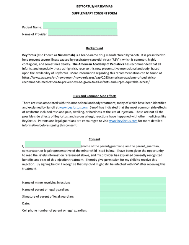 BEYFORTUSNIRSEVIMAB SUPPLEMENTARY CONSENT FORM screenshot