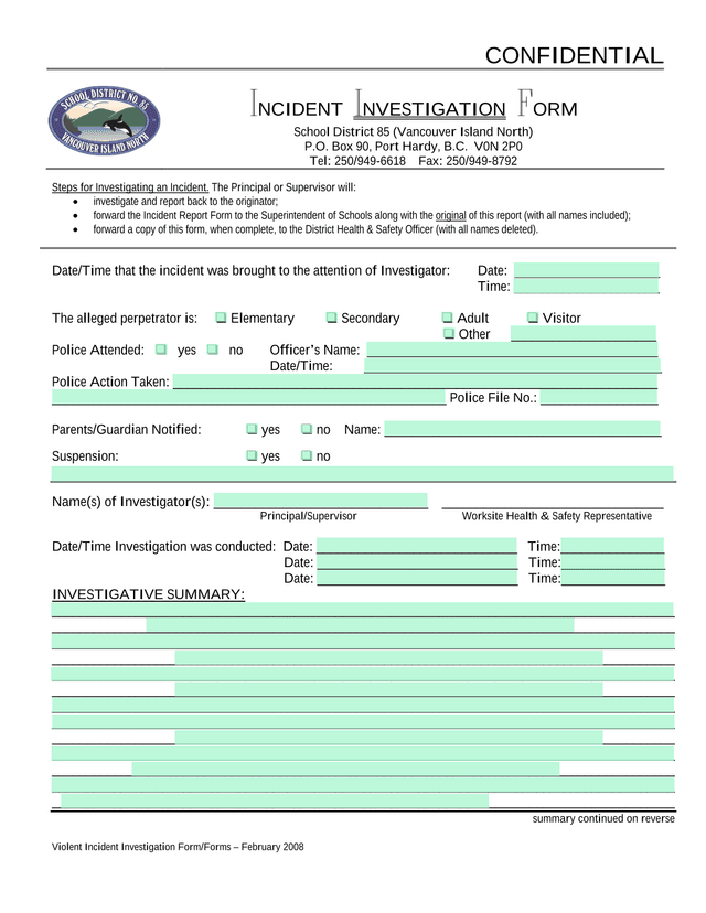 Violent Incident Investigation Form screenshot
