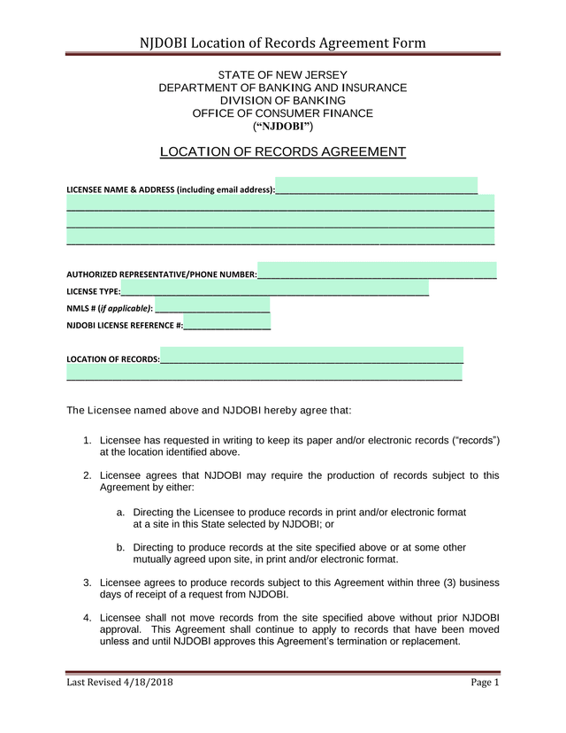 NJDOBI Location Of Records Agreement Form screenshot