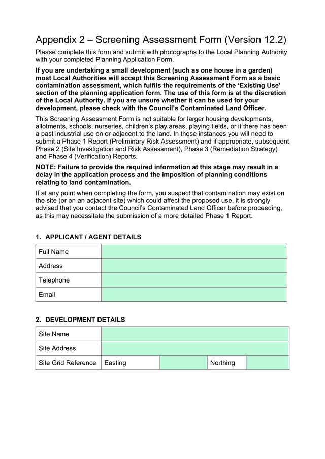 Screening Assessment Form screenshot