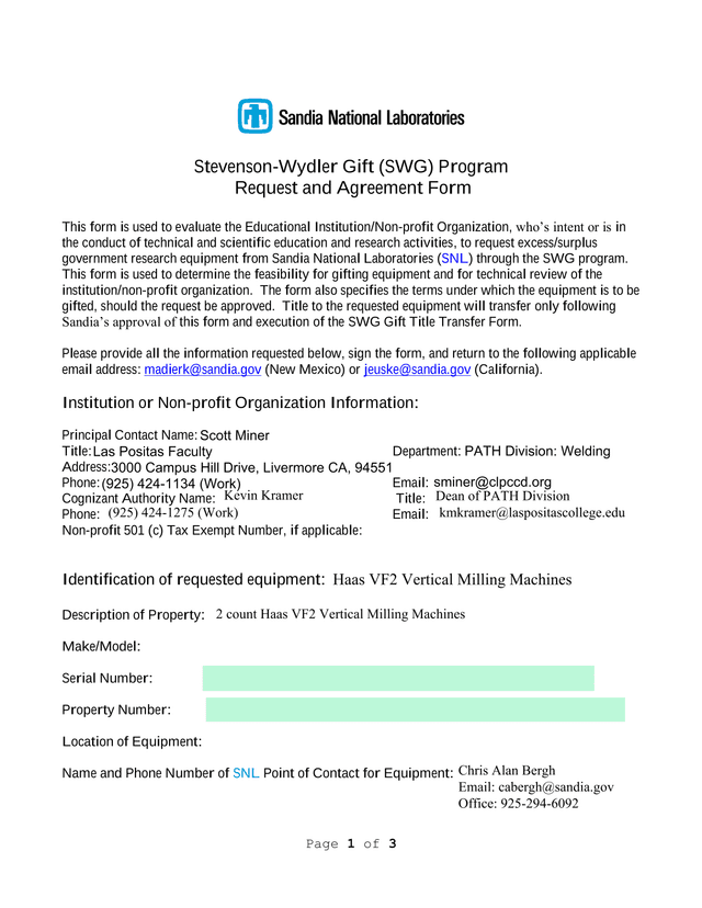 Stevenson Wydler Gift (SWG) Program Request And Agreement Form screenshot