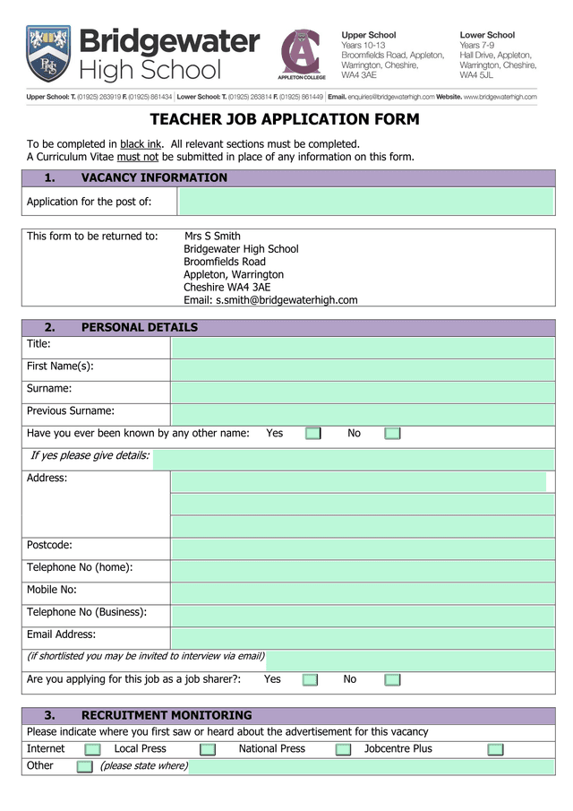 TEACHER JOB APPLICATION FORM screenshot