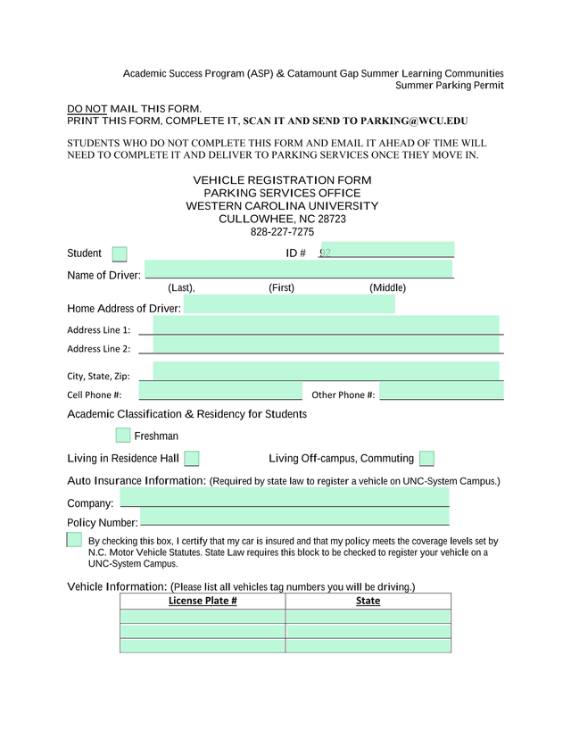 Summer Parking Permit Vehicle Registration Form screenshot