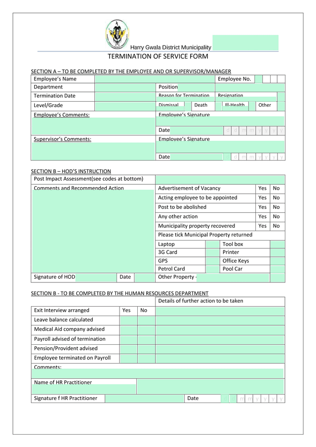 TERMINATION OF SERVICE FORM screenshot