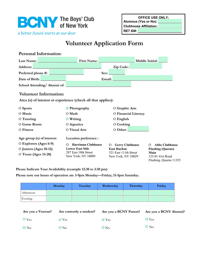 Volunteer Application Form screenshot