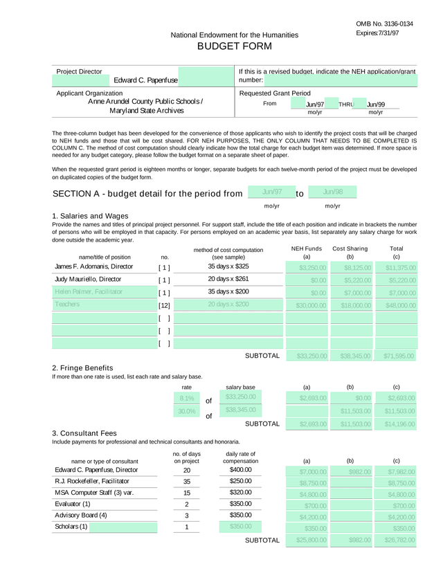 NEH Budget Form screenshot
