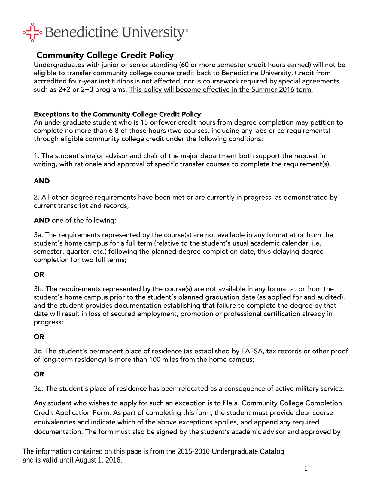 Community College Credit Policy screenshot